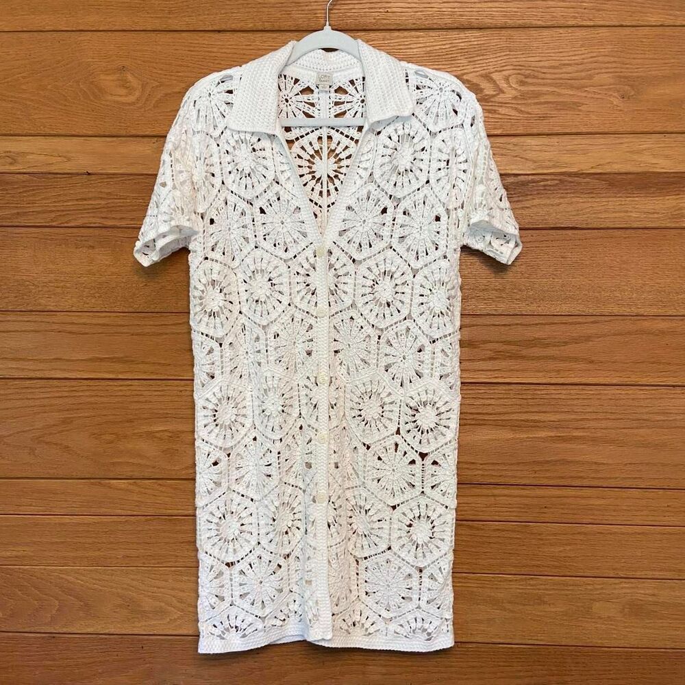 Loft Beach crochet granny square short sleeve button front mini dress swim cover